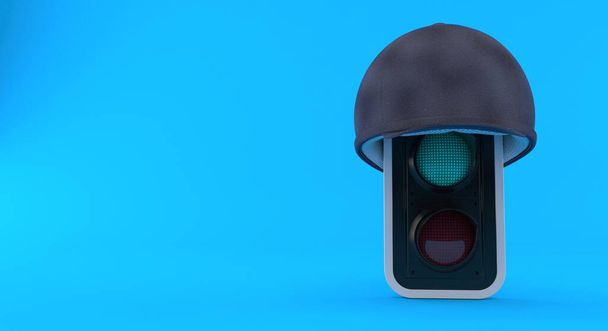 Зелене світлофора з шоломом вершника ізольовано на синьому фоні. 3d ілюстрація
 - Фото, зображення