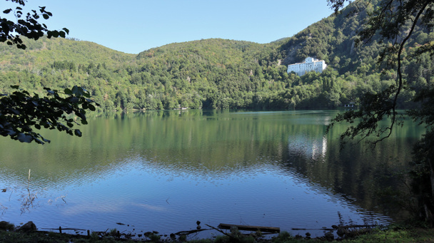 Monticchio, Basilicata, Italy - October 1, 2020: Panorama of Lago Piccolo from the small road that surrounds it - Photo, Image