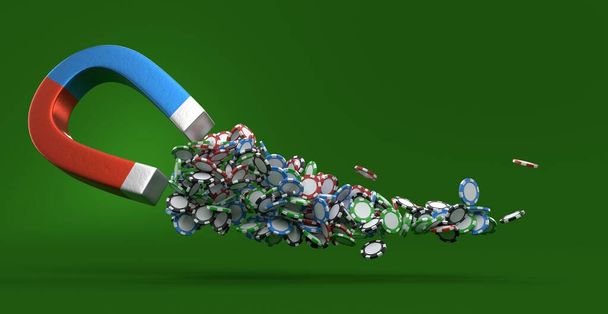 Hromada pokerových žetonů zachycených magnety podkovy na zeleném pozadí. 3D ilustrace - Fotografie, Obrázek