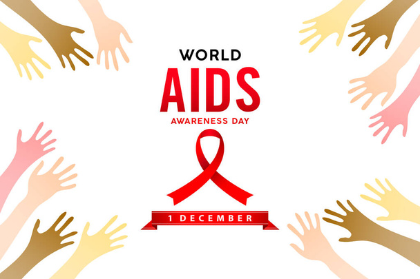 Día Mundial del Sida Ilustración del 1 de diciembre con cinta roja en dos manos. Día de celebración del SIDA o VIH para póster, volante, pancarta, cinta roja y gotas de sangre de globo con fondos blancos aislados - Vector, imagen