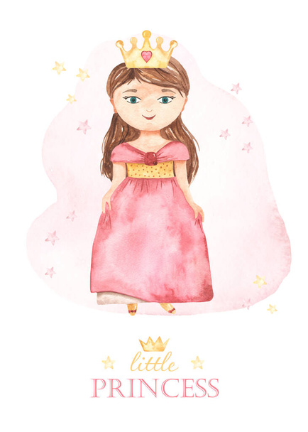 Linda princesa en corona en rosa princesita. Tarjeta de acuarela. ilustración dibujada a mano - Foto, Imagen