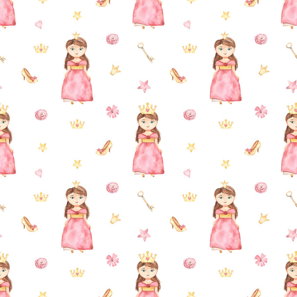 Aranyos hercegnő, korona, virágok, kulcs, cipő, szív rózsaszín fehér háttérrel. Akvarell zökkenőmentes minta - Fotó, kép