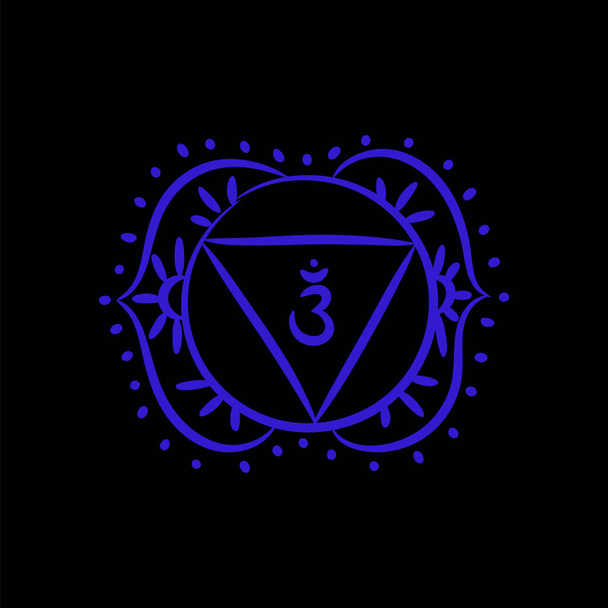 Ikona náčrtu Ajna. Šestá čelní čakra. Třetí oko. Vektorový indigo modrý symbol. Sakrální znamení. Meditace - Vektor, obrázek