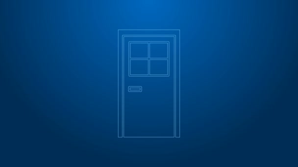 Biała linia Zamknięta ikona drzwi izolowana na niebieskim tle. 4K Animacja graficzna ruchu wideo - Materiał filmowy, wideo