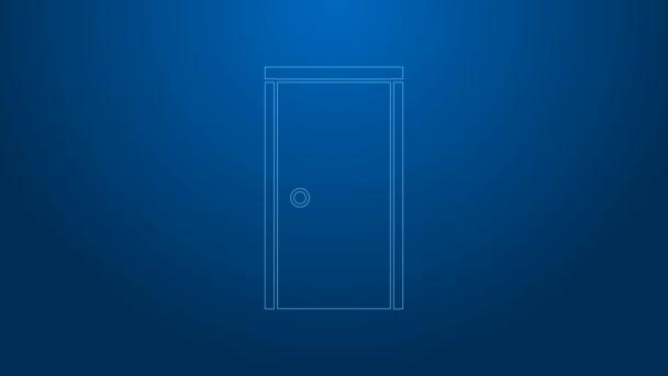 Biała linia Zamknięta ikona drzwi izolowana na niebieskim tle. 4K Animacja graficzna ruchu wideo - Materiał filmowy, wideo