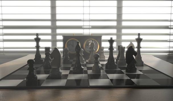 Ein fertiges Schachspiel auf einem Tisch mit gegensätzlichen Stühlen in einem dunklen Raum, der von einem hellen Fensterlicht hinterleuchtet wird - 3D-Render - Foto, Bild