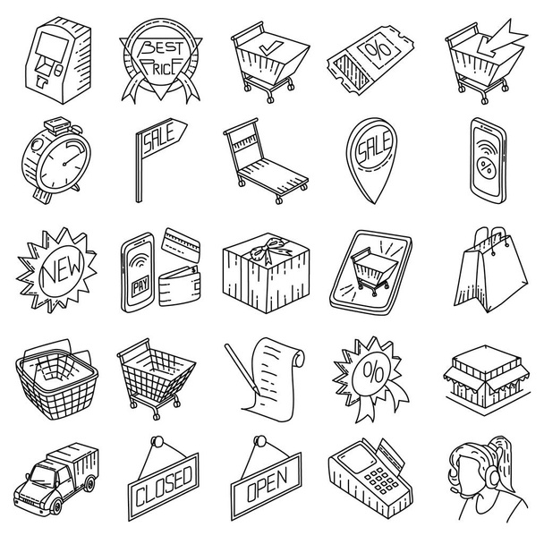 Vector de conjunto de iconos dibujado a mano de compras. - Vector, imagen