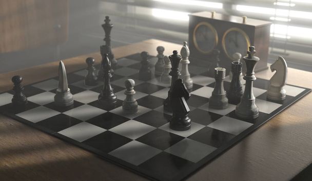 Dokončená šachová hra na stole s protějšími židlemi v tmavé místnosti podsvícené jasným okenním světlem - 3D vykreslení - Fotografie, Obrázek