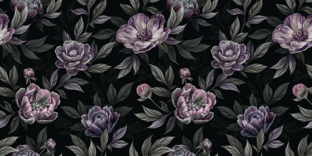 Floral seamless graphic pattern with vintage peonies, anemone, leaves and other flowers. Hand-drawn illustration. Dark background. Trendy glamorous design. Good for production wallpapers, gift paper, cloth, fabric printing, goods. - 写真・画像