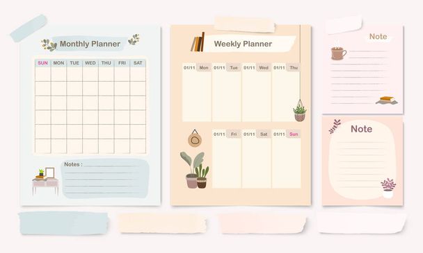 Conjunto de plantilla de planificador de pastel con plantilla de diseño de página mensual, semanal y de nota - Vector, imagen