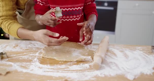 Αφρο-αμερικανική οικογένεια στέκεται στο τραπέζι στην κουζίνα και να κάνει σπιτικά μπισκότα χριστουγεννιάτικο μελόψωμο. Πρωτοχρονιάτικες προετοιμασίες. Κοντινό πλάνο των γυναικείων χεριών βοηθώντας το παιδί να φτιάξει μπισκότα. Έννοια διακοπών - Πλάνα, βίντεο