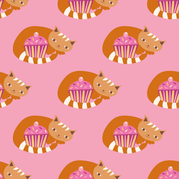 Cute kawaii ginger cats curled around pink cupcakes. Vector seamless pattern background. Backdrop with cartoon kitties guarding a muffin. Hand drawn pet illustration. Fun all over print for kids - Vector, Image