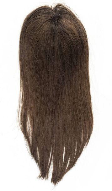 Довга пряма брюнетка перука, тупі або верхівка волосся на білому тлі
. - Фото, зображення