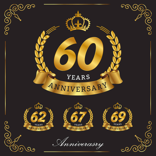 60 、 62 、 67 、 69周年記念ロゴ、ゴールドリボン、月桂樹の花輪を黒の背景に隔離し、誕生日のお祝いのためのベクトルデザイン - ベクター画像