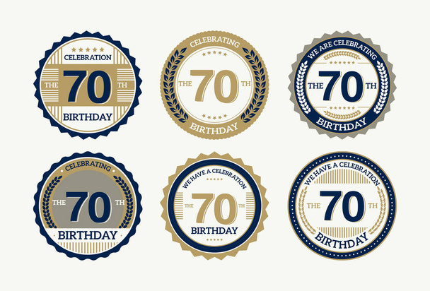conjunto 70 anos de aniversário selos redondos com ícones diferentes, ilustração vetorial - Vetor, Imagem