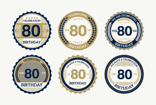 set 80 anni Sigilli rotondi di compleanno con diverse icone, illustrazione vettoriale - Vettoriali, immagini