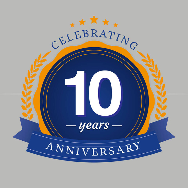 10 Jahre Jubiläums-Logo mit blauem Kreisrahmen und blauem Band - Vektor, Bild