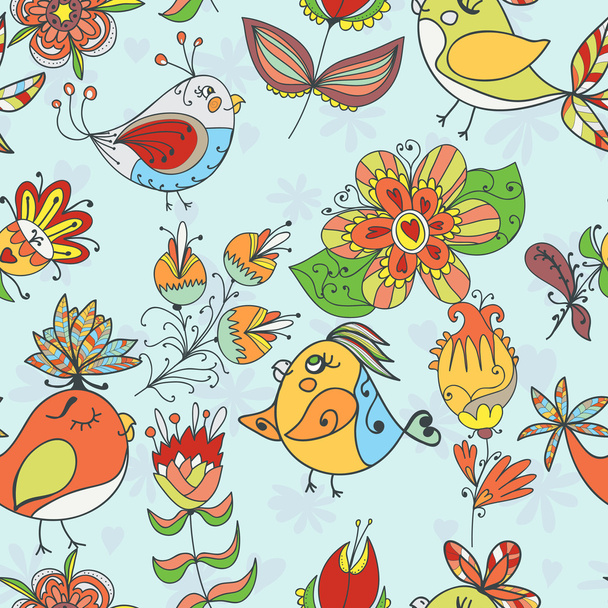 Seamless texture with flowers and birds - Vector, afbeelding