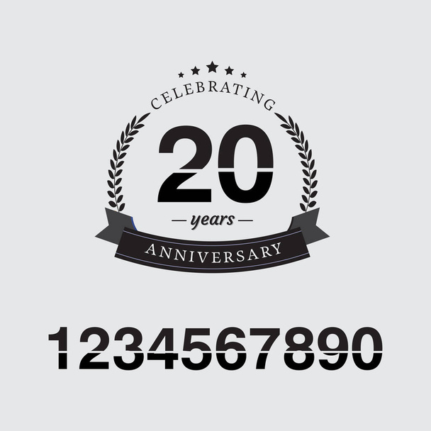 Emblema della celebrazione del ventesimo anniversario. etichetta logo anniversario, timbro in bianco e nero isolato, disegno modello illustrazione vettoriale per biglietto di auguri e biglietto d'invito - Vettoriali, immagini