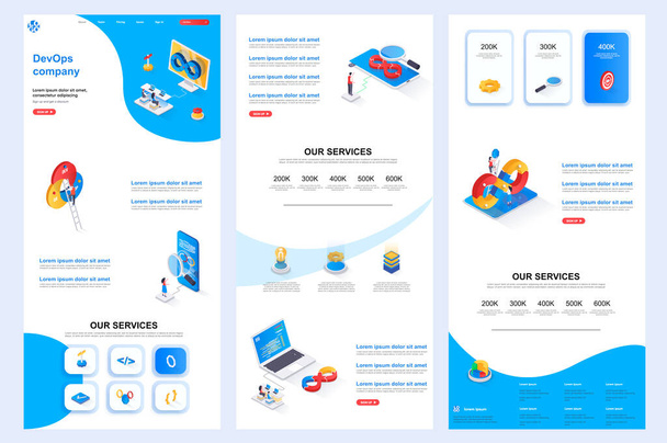 DevOps company isometric landing page. Engineering and automation system corporate website design template. Web banner template with header, middle content and footer. Isometry vector illustration. - Vector, Image