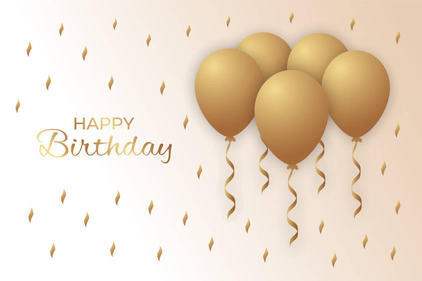 Πρότυπο κάρτας για εορτασμό γενεθλίων ή χαιρετισμό με χρυσά μπαλόνια και κομφετί σε μπεζ φόντο. - Διάνυσμα, εικόνα