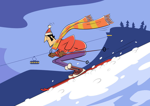 Esquiador de dibujos animados cabalgando por la montaña.Ilustración vectorial en estilo de boceto - Vector, imagen