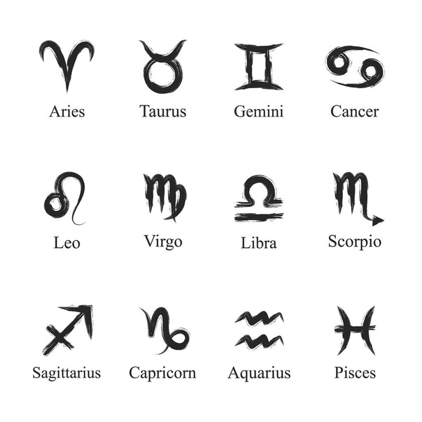 Zodiákus jelek gyűjteménye grunge stílusban asztrológiához vagy horoszkóphoz. - Vektor, kép