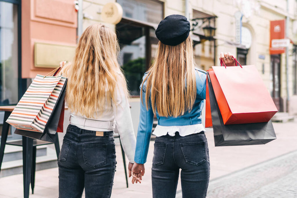 Concept of women shopping, shopaholic, walk after shopping. - Φωτογραφία, εικόνα