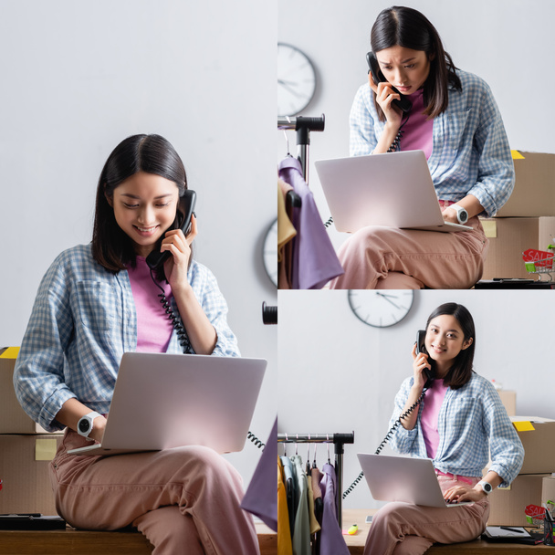 Collage of asian volunteer talking on telephone and looking at laptop while sitting on desk near hanging rack in charity office - Photo, Image
