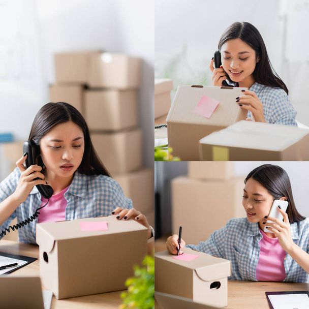 Collage of asian volunteer talking on telephone, opening and writing on carton box at desk on blurred background - Photo, Image