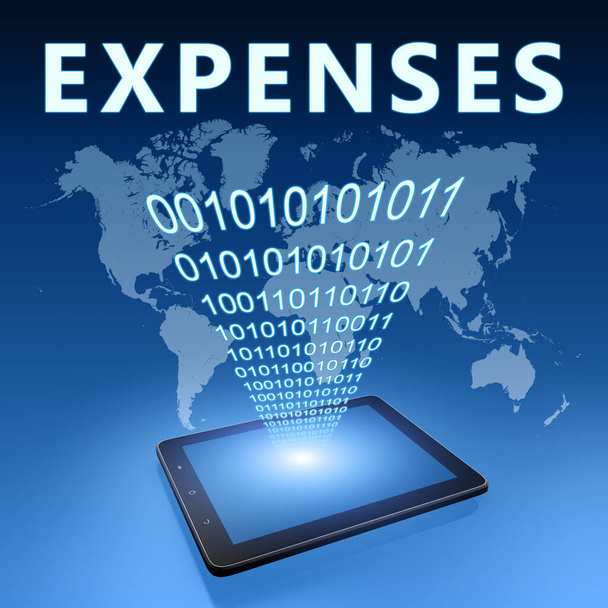 Expenses - text concept with tablet computer on blue wolrd map background - 3d render illustration. - Фото, зображення