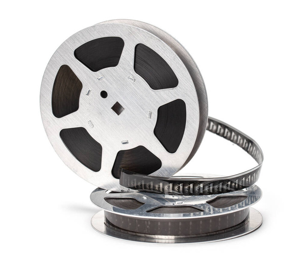Film reel with filmstrip isolated on white background. - Photo, Image