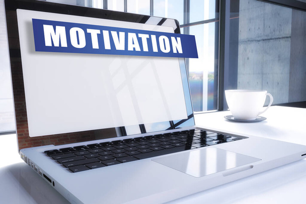 Motivation text on modern laptop screen in office environment. 3D render illustration business text concept. - Foto, afbeelding