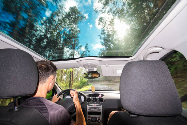 A closeup shot of a young man driving a car through the sunny forest - Foto, immagini