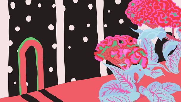 Цветы расчёски петуха в пастельных ручных рисунках в стиле арт-шаблон, сюрреалистическое и веселое чувство - Вектор,изображение