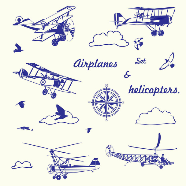 Eine Reihe isolierter Elemente zum Thema Luftfahrt und Luftfahrt. Oldtimer Flugzeuge und Hubschrauber, Wolken, Vögel, Wind stiegen auf. Vektorgrafik. - Vektor, Bild