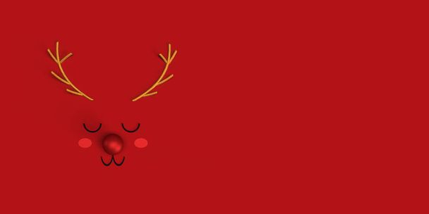 Милый мультяшный олень Рудольф с красным носом на красном фоне. Принято. 3d иллюстрация - Фото, изображение