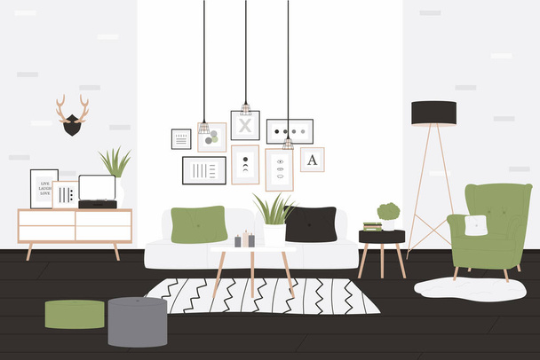 Apartamento en casa escandinava, acogedor y moderno loft interior - Vector, Imagen