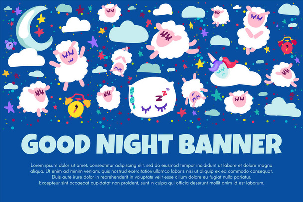 Good night banner with flat sheep. Bed time positive illustration. Starry night sky. Sweet dreams - Vector, Image