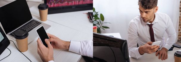 Κολάζ του επιχειρηματία χρησιμοποιώντας smartphone κοντά σε υπολογιστές και καφέ για να πάει στο γραφείο, πανό  - Φωτογραφία, εικόνα
