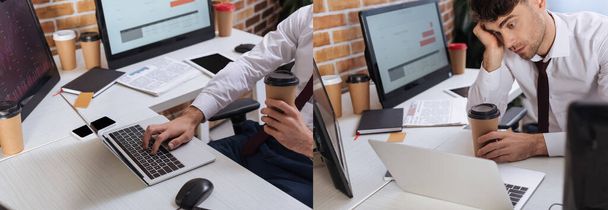 Koláž unaveného podnikatele s donáškou kávy pomocí notebooku v blízkosti počítačů a smartphonu v kanceláři, banner  - Fotografie, Obrázek