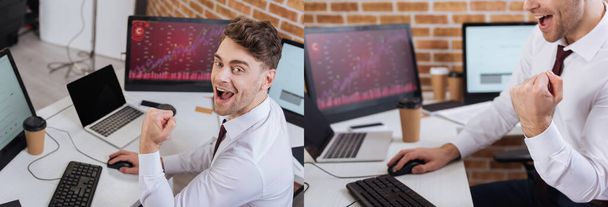 Kollázs izgatott üzletember mutat igen gesztus közelében számítógépek elmosódott háttér, banner   - Fotó, kép