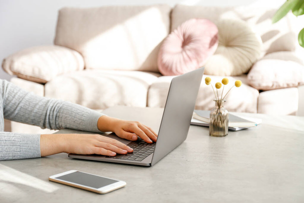 Work from home concept. Cropped shot of woman's hands typing on laptop. Female freelancer working at her living room. Close up, copy space for text. - Fotografie, Obrázek