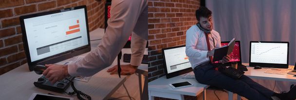 Kollázs üzletember beszél okostelefon és gazdaság notebook közelében számítógépek az irodában, banner  - Fotó, kép