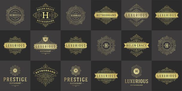 Vintage logos and monograms set elegant flourishes line art graceful ornaments victorian style vector template design - Vetor, Imagem