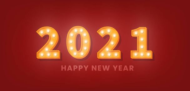 2021 Καλή Χρονιά. 3D χρυσό Marquee φως λαμπτήρα κείμενο για τον εορτασμό της Πρωτοχρονιάς - Διάνυσμα, εικόνα