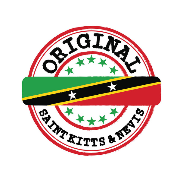 Vector Pieczęć oryginalnego logo z tekstem Saint Kitts i Nevis i wiązanie w środku z flagą kraju. Pieczęć Grunge Rubber Texture Original firmy Saint Kitts i Nevis. - Wektor, obraz
