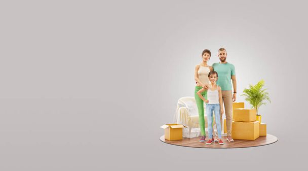 Moving house concept. Unusual 3d illustration of a Happy family enjoying new home. - Fotó, kép