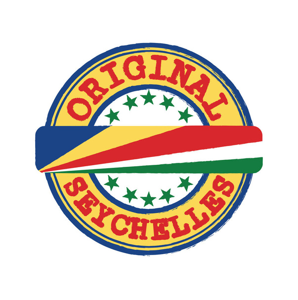 Vector Stamp of Original logo tekstillä Seychellit ja sitominen keskellä kansakunnan lippu. Grunge kumi tekstuuri leima Alkuperäinen Seychellien. - Vektori, kuva