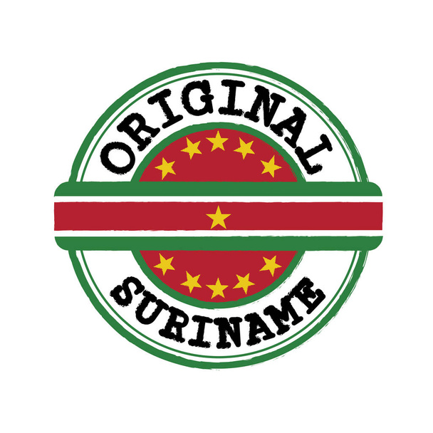 Timbro vettoriale del logo originale con testo Suriname e legatura al centro con bandiera nazionale. Grunge Timbro di texture in gomma di originale da Suriname. - Vettoriali, immagini